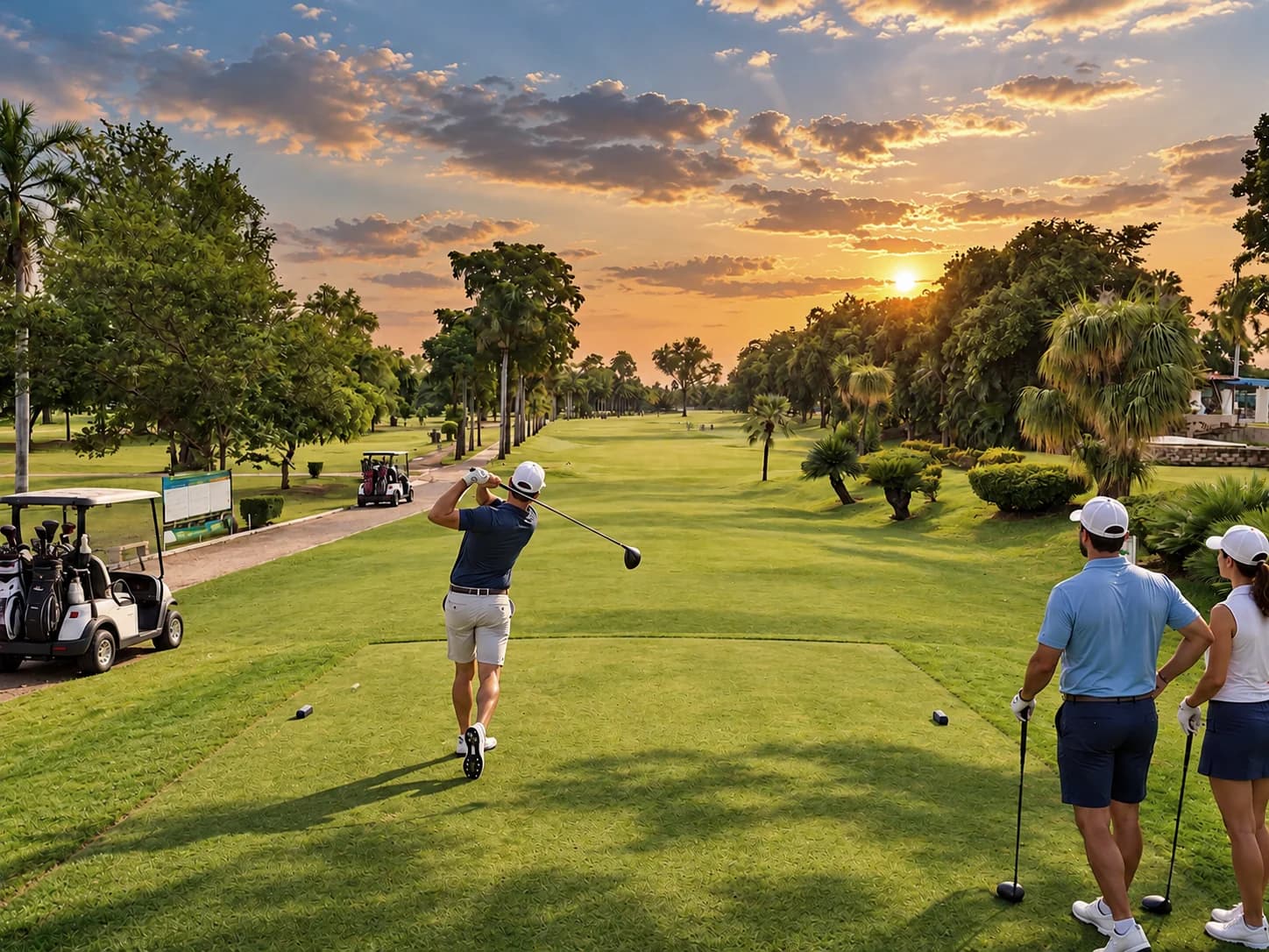 Golfistas al atardecer en el fairway del Country Club de Culiacán.