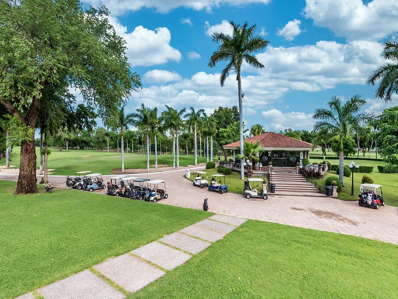 Carritos de golf junto al pabellón y las palmeras del club.